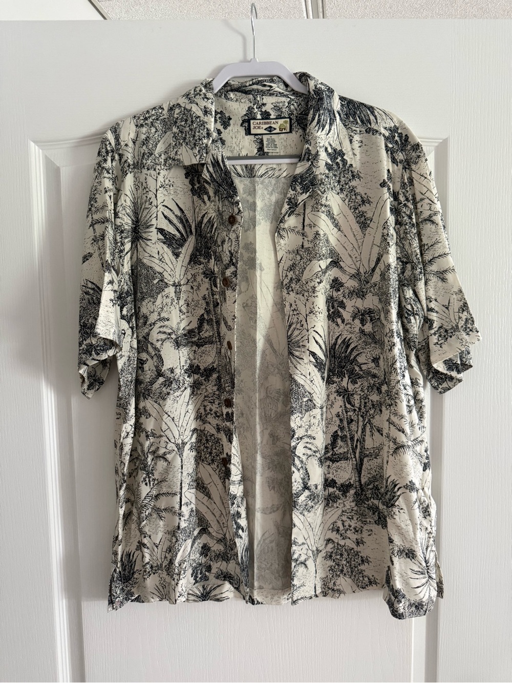 Caribbean Joe Black and White Tropical Print Button-Down Shirt